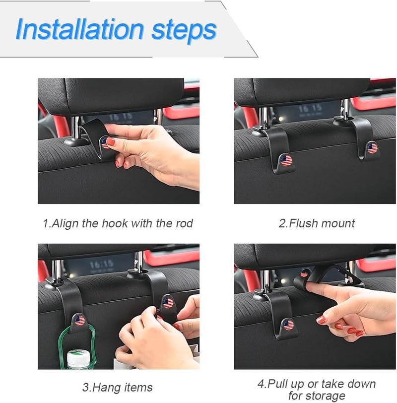 Hanemia 4PCS Car Seat Headrest Hooks, Auto Back Seat Hanger Holder, Durable Stylish Vehicle Organizer Universal Car Interior Accessories, Storage Hooks for Purses, Bags, Clothes, Hats (Black/Red Flag) - Image 3